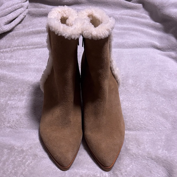 Marc Fisher Camel Suede Ankle Wedge Boots W Shearling… Pointed Toe.. NWOT - Picture 1 of 6